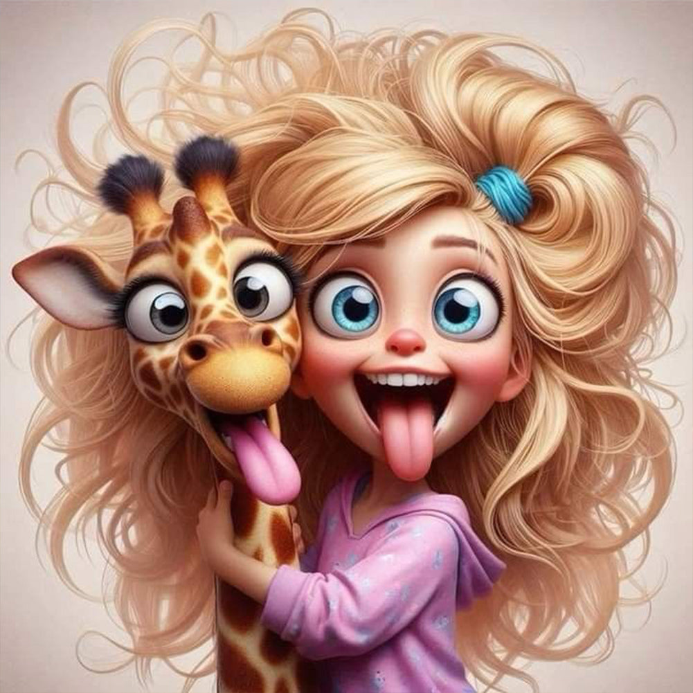 Diamond Painting - Full Round - Funny Giraffe And Girl (30*30CM)