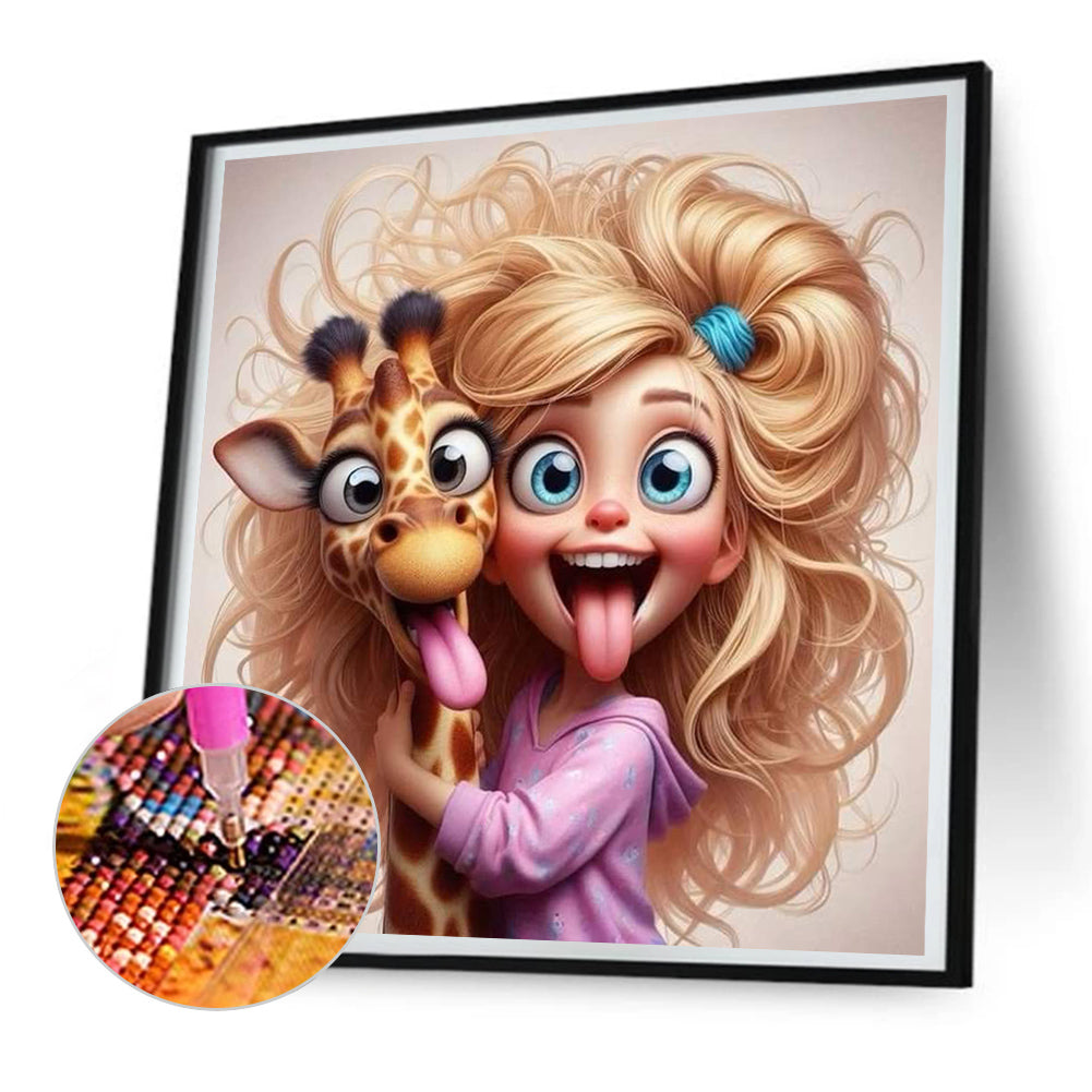 Diamond Painting - Full Round - Funny Giraffe And Girl (30*30CM)