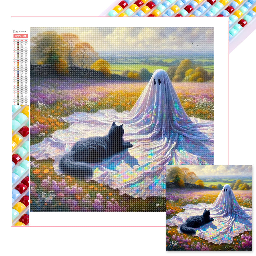 Diamond Painting - Full Square - Flowers, Black Cats And Ghosts (30*30CM)