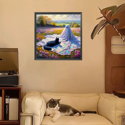 Diamond Painting - Full Square - Flowers, Black Cats And Ghosts (30*30CM)