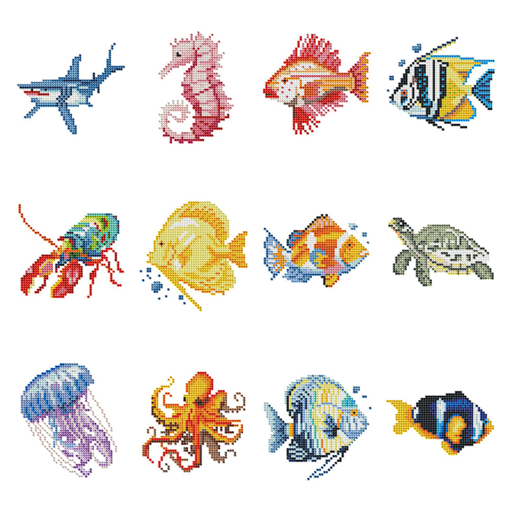 12pcs Mini Diamond Painting Set - Full Round - marine life (15*18CM)