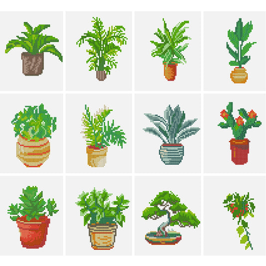 12pcs Mini Diamond Painting Set - Full Round - potted plants (15*18CM)
