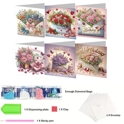 6Pcs Birthday Wishes Rhinestone Painting Card Kit Diamond Painting Greeting Card