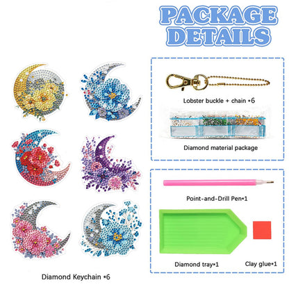 6Pcs Acrylic Double Sided Moon Flower Diamond Painting Keychain for Bag Decor
