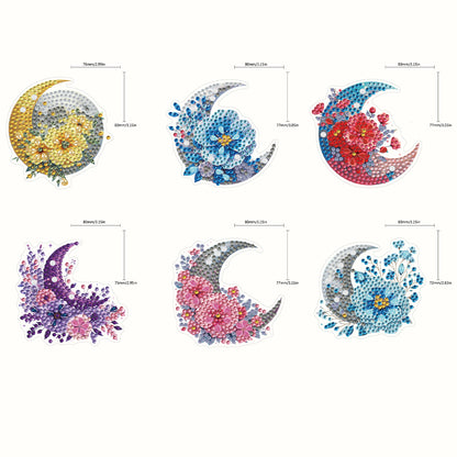 6Pcs Acrylic Double Sided Moon Flower Diamond Painting Keychain for Bag Decor