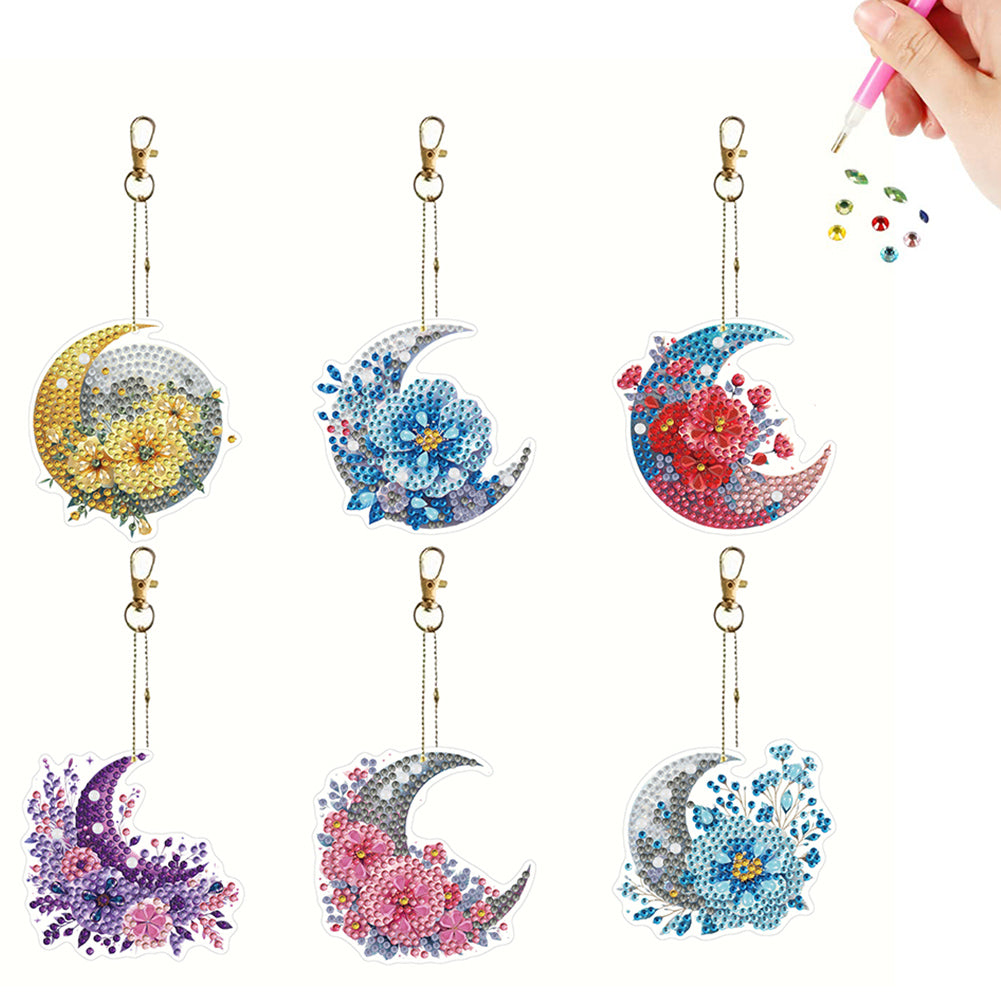6Pcs Acrylic Double Sided Moon Flower Diamond Painting Keychain for Bag Decor
