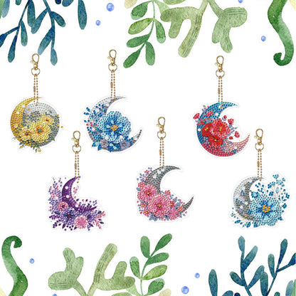 6Pcs Acrylic Double Sided Moon Flower Diamond Painting Keychain for Bag Decor