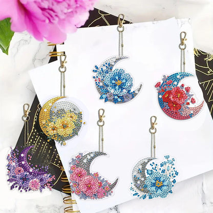 6Pcs Acrylic Double Sided Moon Flower Diamond Painting Keychain for Bag Decor