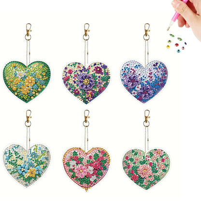 6Pcs Acrylic Double Sided Heart Flower Diamond Painting Keychain for Bag Decor