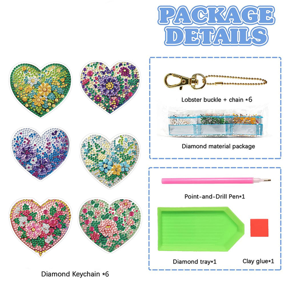 6Pcs Acrylic Double Sided Heart Flower Diamond Painting Keychain for Bag Decor
