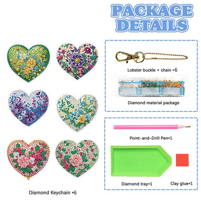 6Pcs Acrylic Double Sided Heart Flower Diamond Painting Keychain for Bag Decor