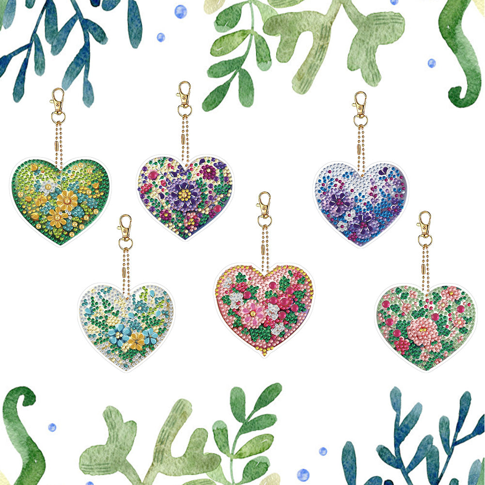 6Pcs Acrylic Double Sided Heart Flower Diamond Painting Keychain for Bag Decor