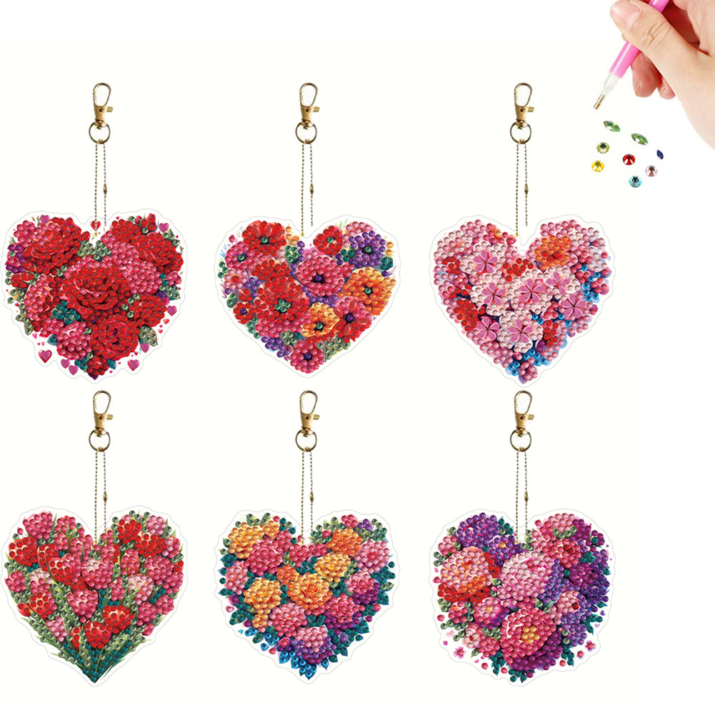6Pcs Acrylic Double Sided Flower Diamond Painting Keychain for Bag Decor