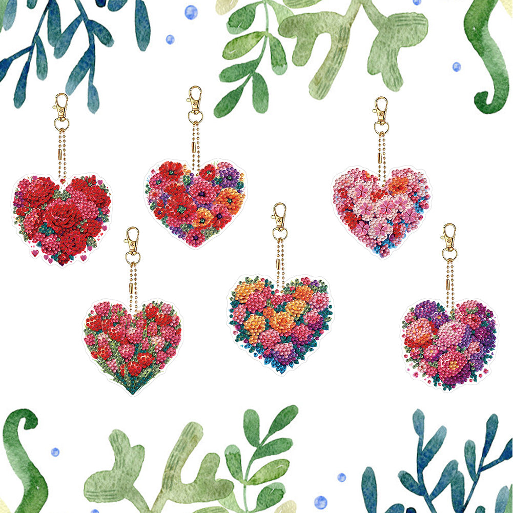 6Pcs Acrylic Double Sided Flower Diamond Painting Keychain for Bag Decor