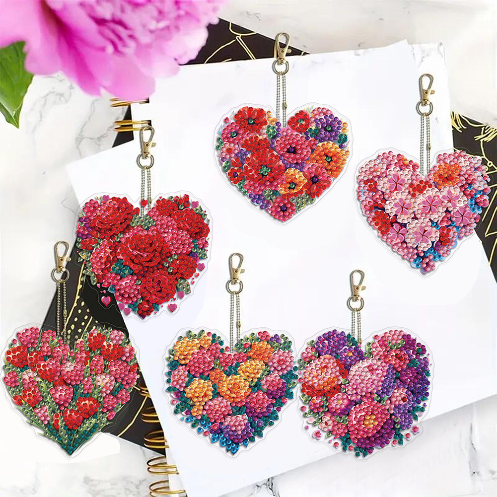 6Pcs Acrylic Double Sided Flower Diamond Painting Keychain for Bag Decor