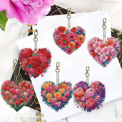 6Pcs Acrylic Double Sided Flower Diamond Painting Keychain for Bag Decor