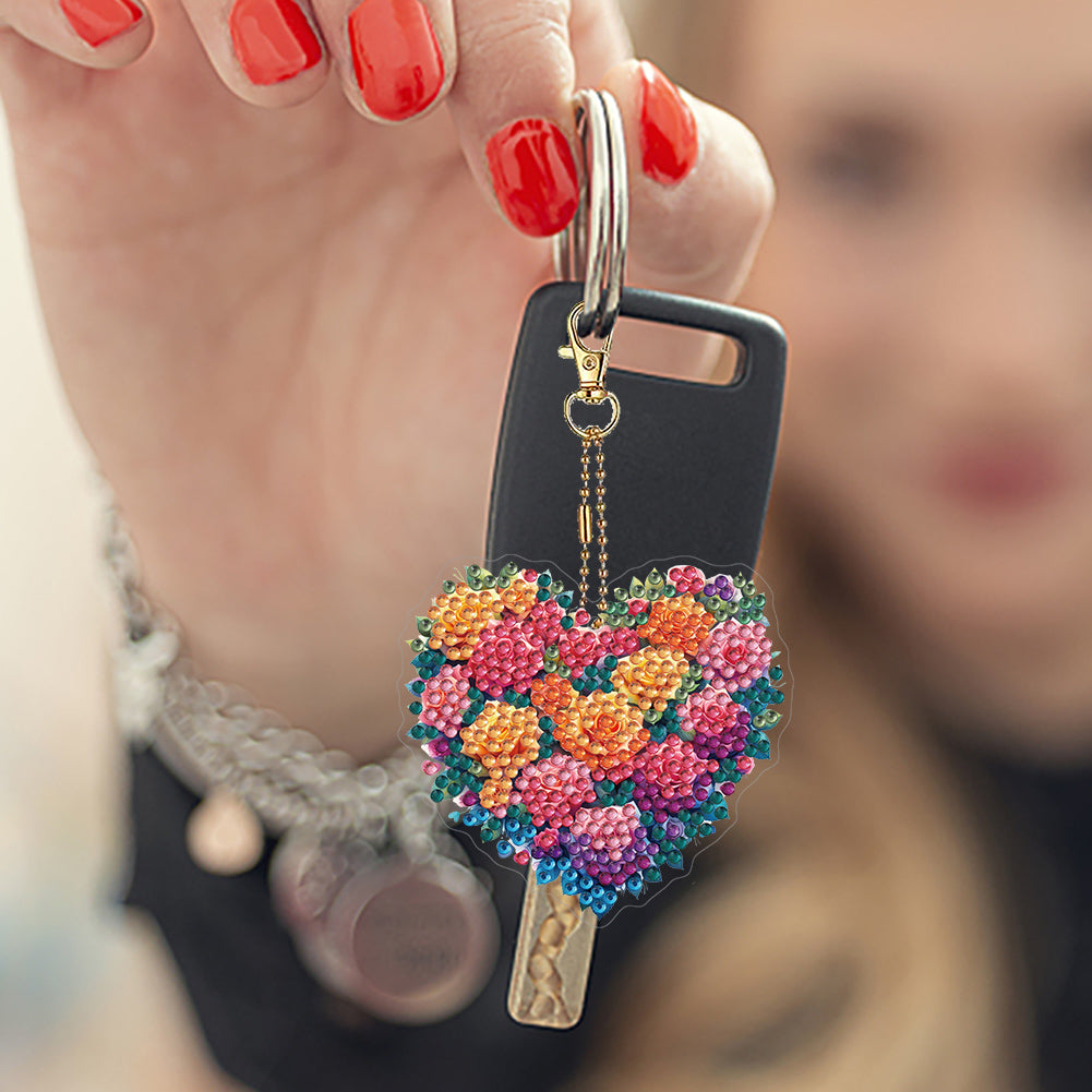 6Pcs Acrylic Double Sided Flower Diamond Painting Keychain for Bag Decor