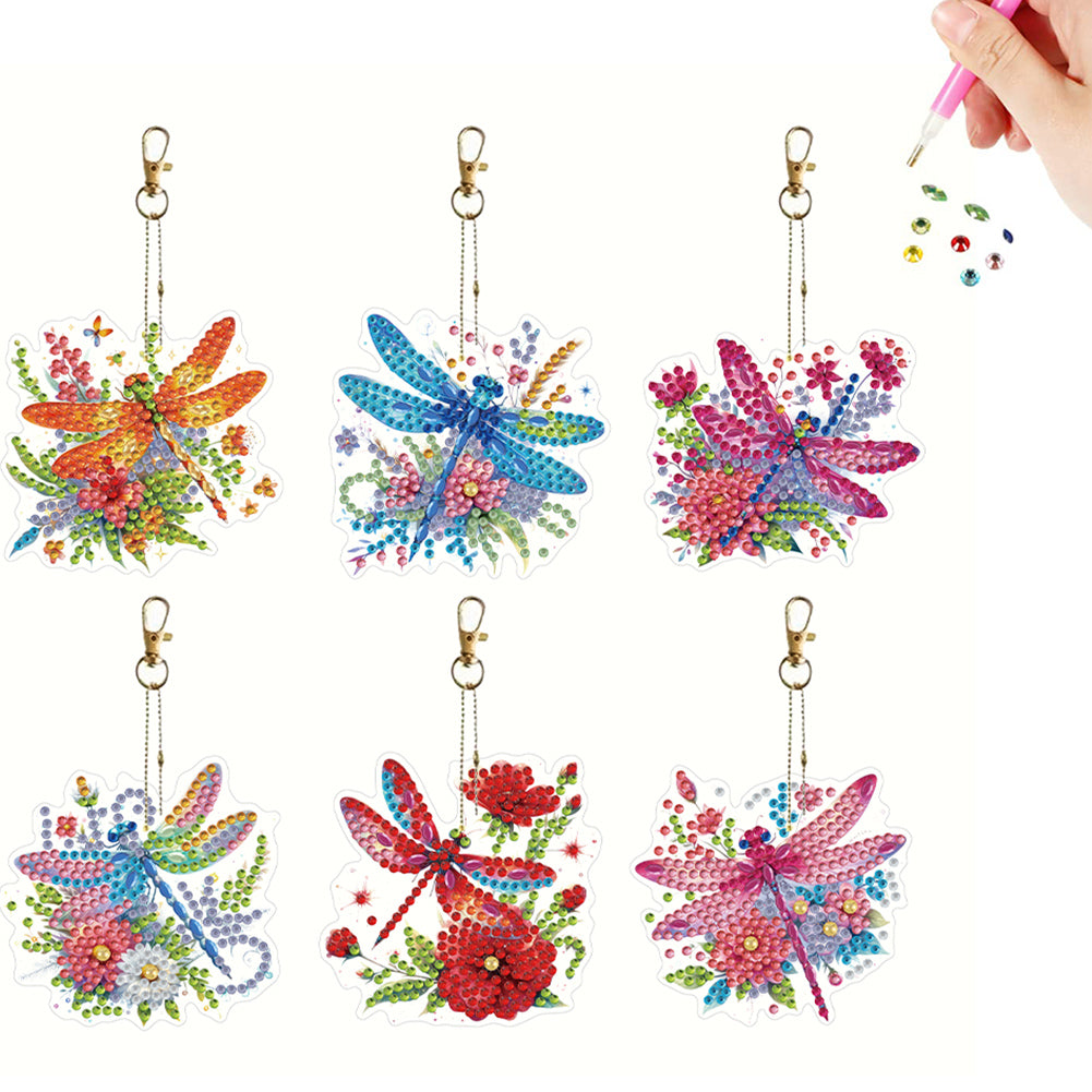 6Pcs Acrylic Double Sided Dragonfly Diamond Painting Keychain for Bag Decor