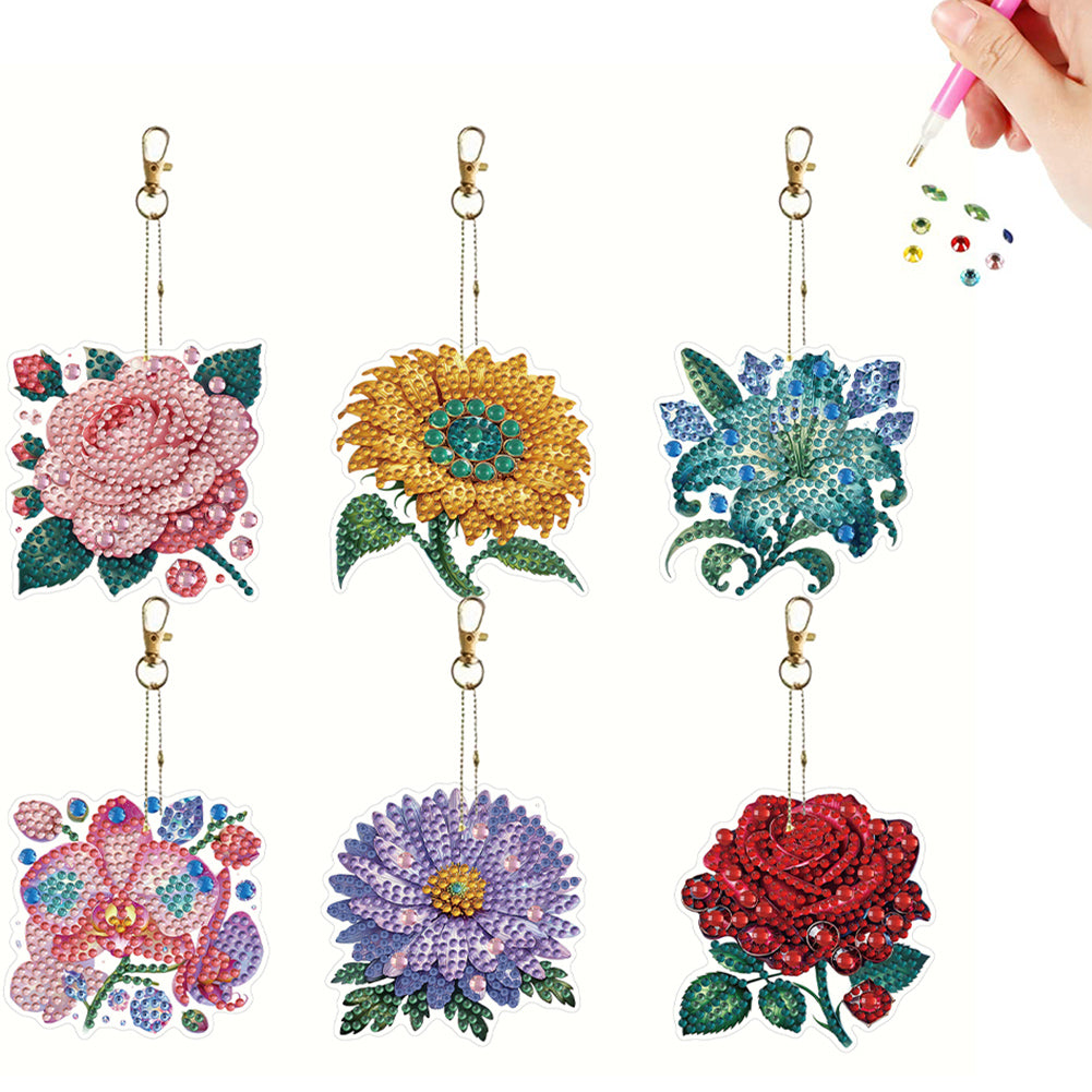 6Pcs Acrylic Double Sided Flower Diamond Painting Keychain for Bag Decor