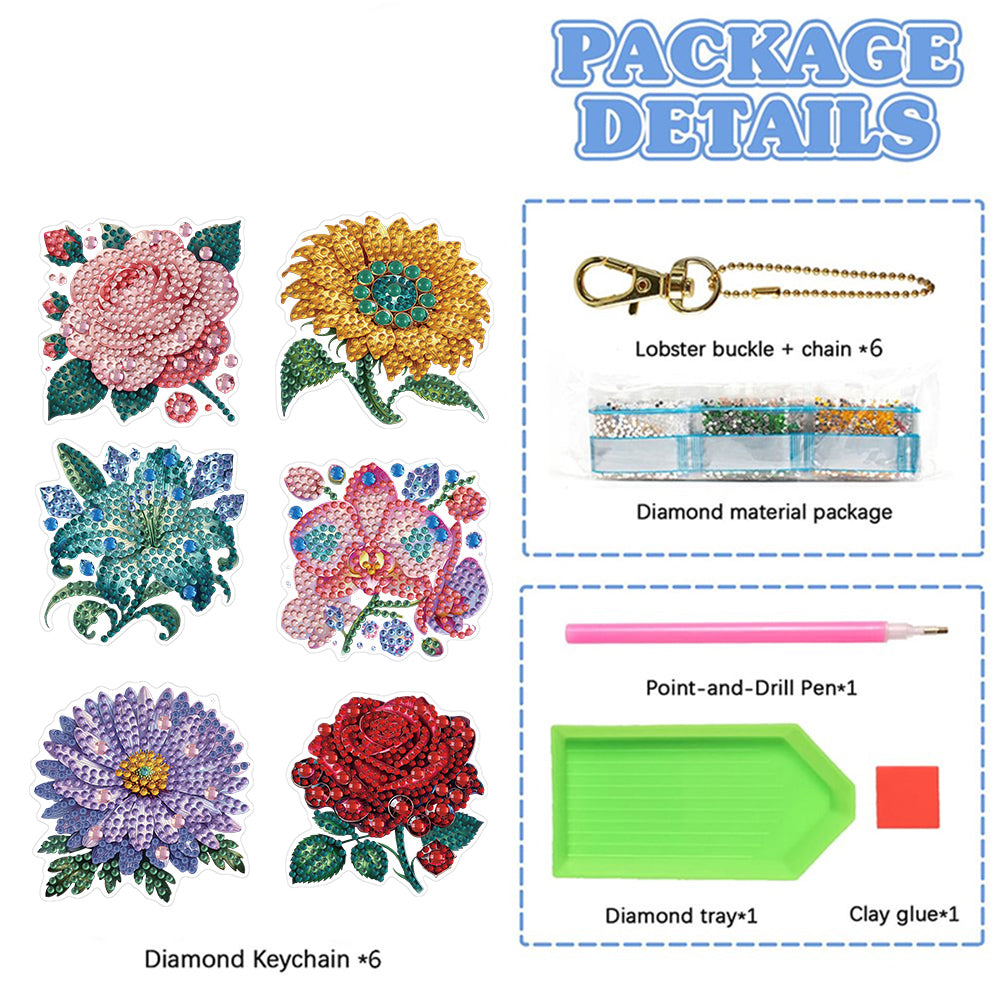 6Pcs Acrylic Double Sided Flower Diamond Painting Keychain for Bag Decor