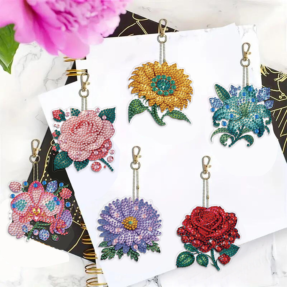 6Pcs Acrylic Double Sided Flower Diamond Painting Keychain for Bag Decor