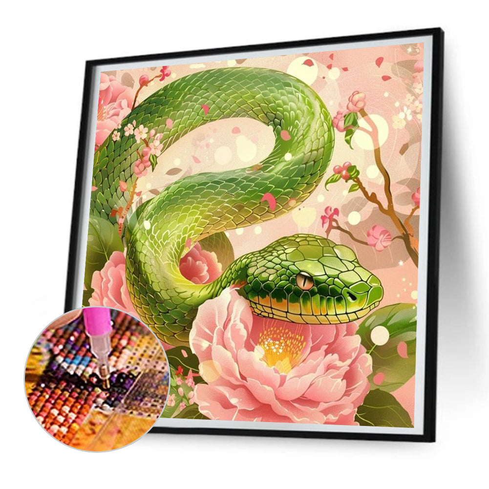 Diamond Painting - Full Round - Green Bamboo Snake Peony Flower (30*30CM)