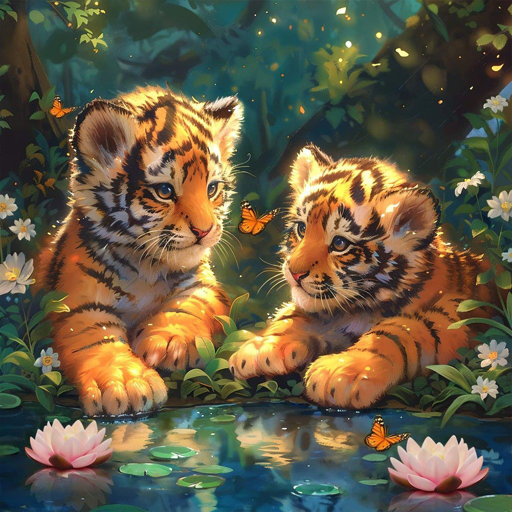 Diamond Painting - Full Round - Little tiger in lotus pond (30*30CM)