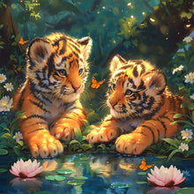 Load image into Gallery viewer, Diamond Painting - Full Round - Little tiger in lotus pond (30*30CM)
