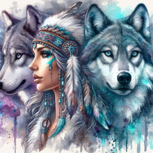 Load image into Gallery viewer, Diamond Painting - Full Round - Indian woman and two wolves (40*40CM)
