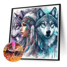 Load image into Gallery viewer, Diamond Painting - Full Round - Indian woman and two wolves (40*40CM)
