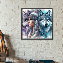 Load image into Gallery viewer, Diamond Painting - Full Round - Indian woman and two wolves (40*40CM)

