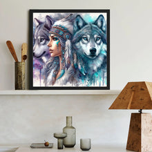 Load image into Gallery viewer, Diamond Painting - Full Round - Indian woman and two wolves (40*40CM)
