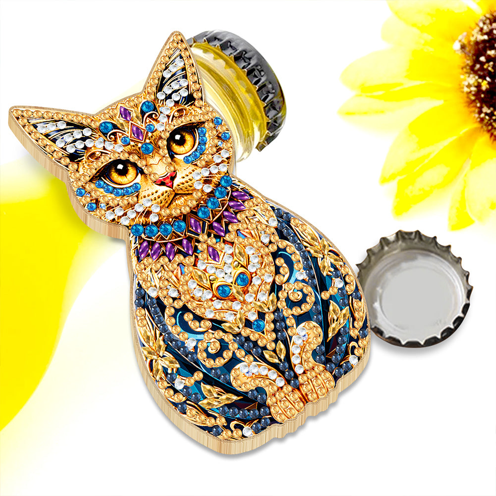 Wooden Cat Diamond Painting Bottle Opener Helper Rhinestones Bottle Opening Tool
