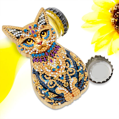 Wooden Cat Diamond Painting Bottle Opener Helper Rhinestones Bottle Opening Tool
