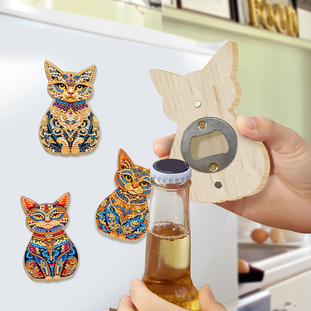 Wooden Cat Diamond Painting Bottle Opener Helper Rhinestones Bottle Opening Tool