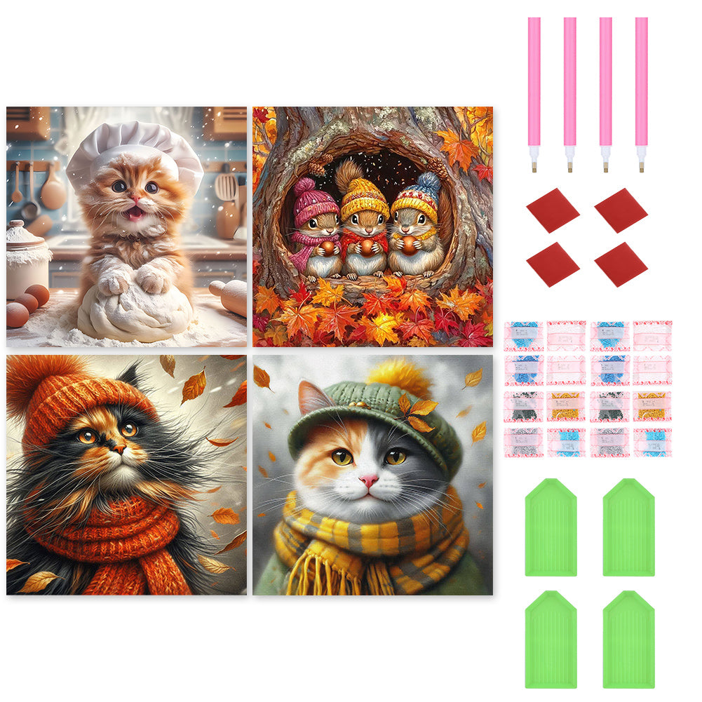 4pcs Round Diamond Painting Set - Cat Series (40*40CM)