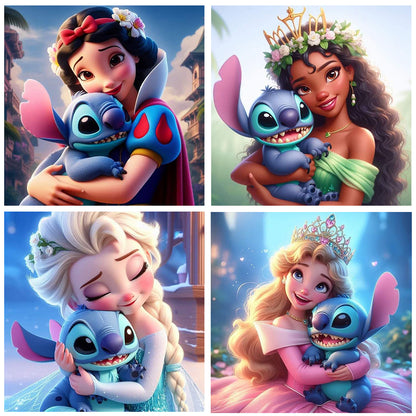 4pcs Round Diamond Painting Set - Stitch And Disney Princesses (30*30CM)