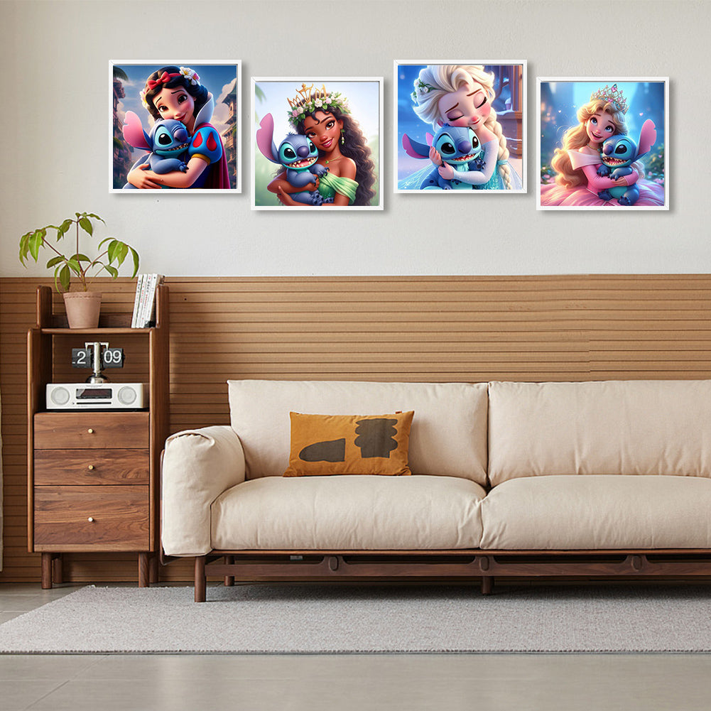 4pcs Round Diamond Painting Set - Stitch And Disney Princesses (30*30CM)
