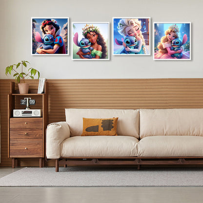 4pcs Round Diamond Painting Set - Stitch And Disney Princesses (30*30CM)