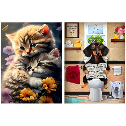 2pcs Round Diamond Painting Set - Cat and puppy (30*40CM)