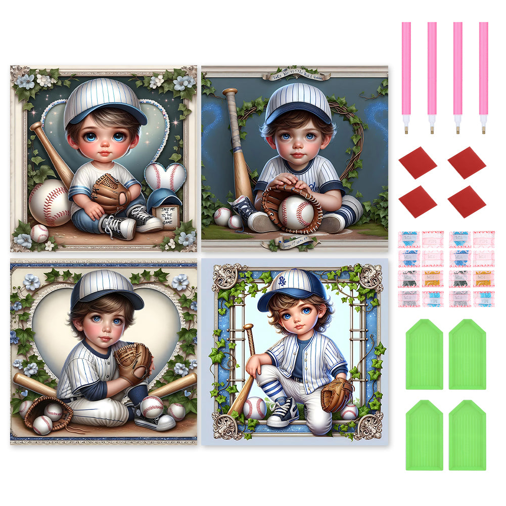 4pcs Round Diamond Painting Set - Baseball boy (30*30CM)