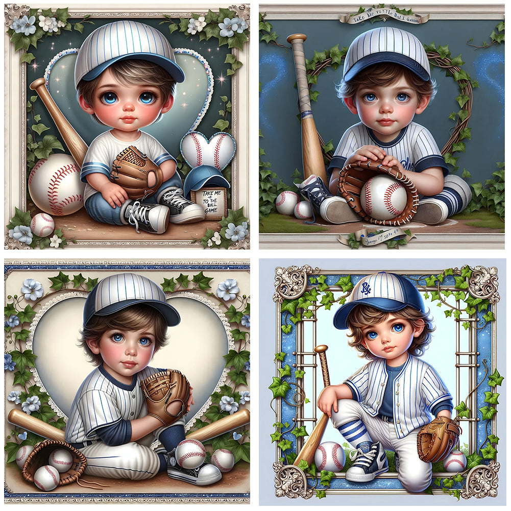 4pcs Round Diamond Painting Set - Baseball boy (30*30CM)