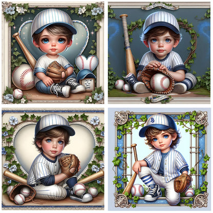 4pcs Round Diamond Painting Set - Baseball boy (30*30CM)
