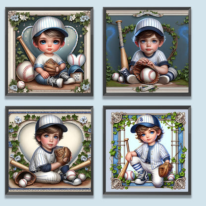 4pcs Round Diamond Painting Set - Baseball boy (30*30CM)