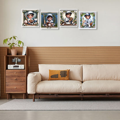 4pcs Round Diamond Painting Set - Baseball boy (30*30CM)