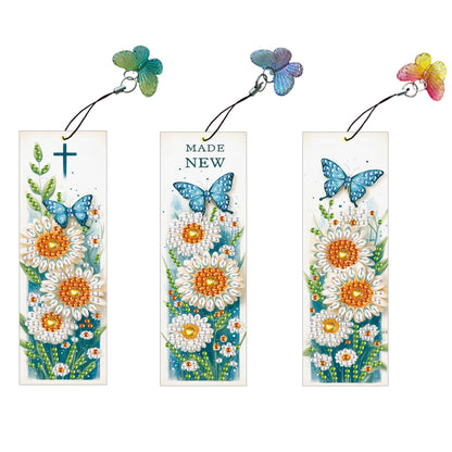 3Pcs Special Shape Daisy Butterfly 5D DIY Diamond Painting Bookmark with Pendant