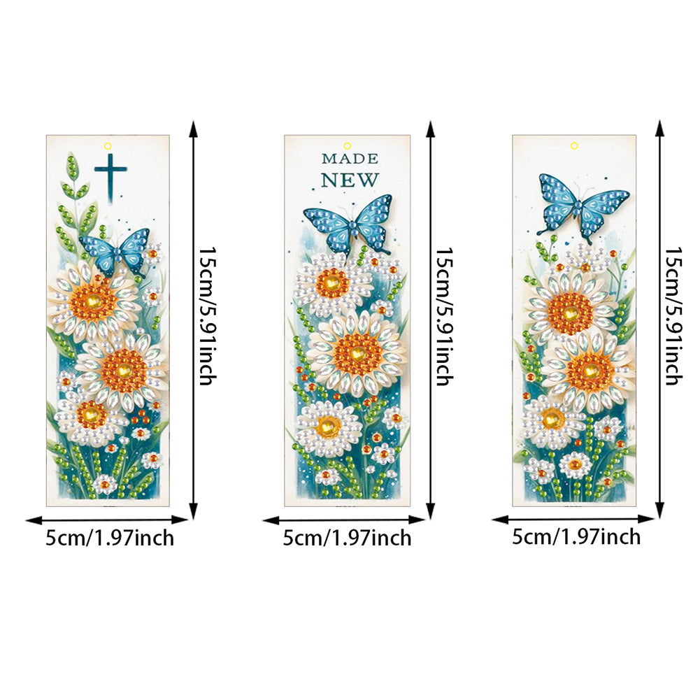3Pcs Special Shape Daisy Butterfly 5D DIY Diamond Painting Bookmark with Pendant