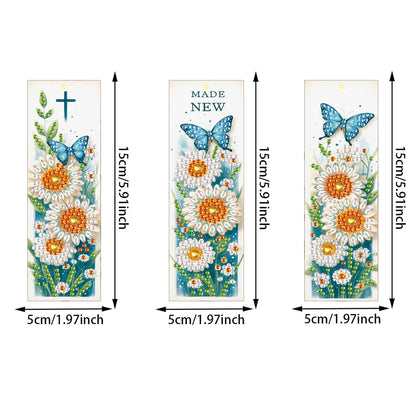3Pcs Special Shape Daisy Butterfly 5D DIY Diamond Painting Bookmark with Pendant