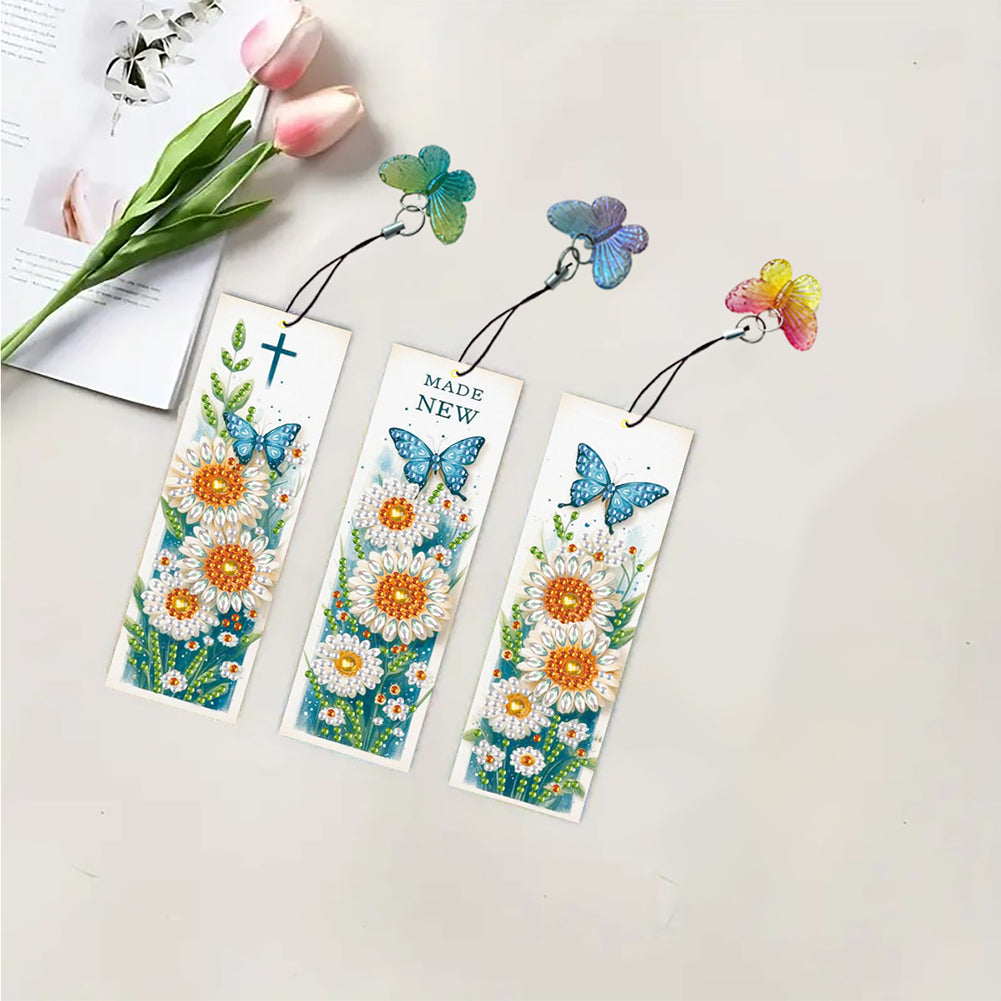 3Pcs Special Shape Daisy Butterfly 5D DIY Diamond Painting Bookmark with Pendant