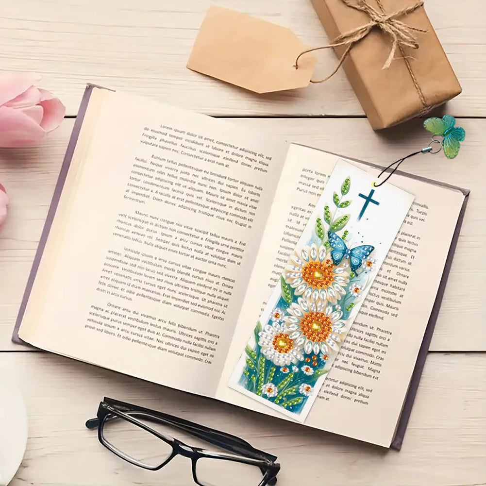 3Pcs Special Shape Daisy Butterfly 5D DIY Diamond Painting Bookmark with Pendant